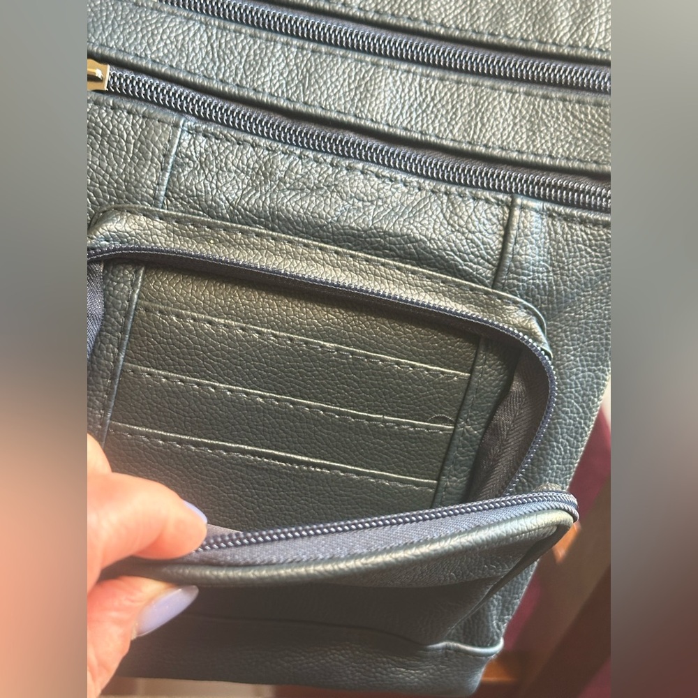 Genuine Leather Navy Crossbody Bag Multi Zip Organizer Travel Purse Small - Picture 5 of 13